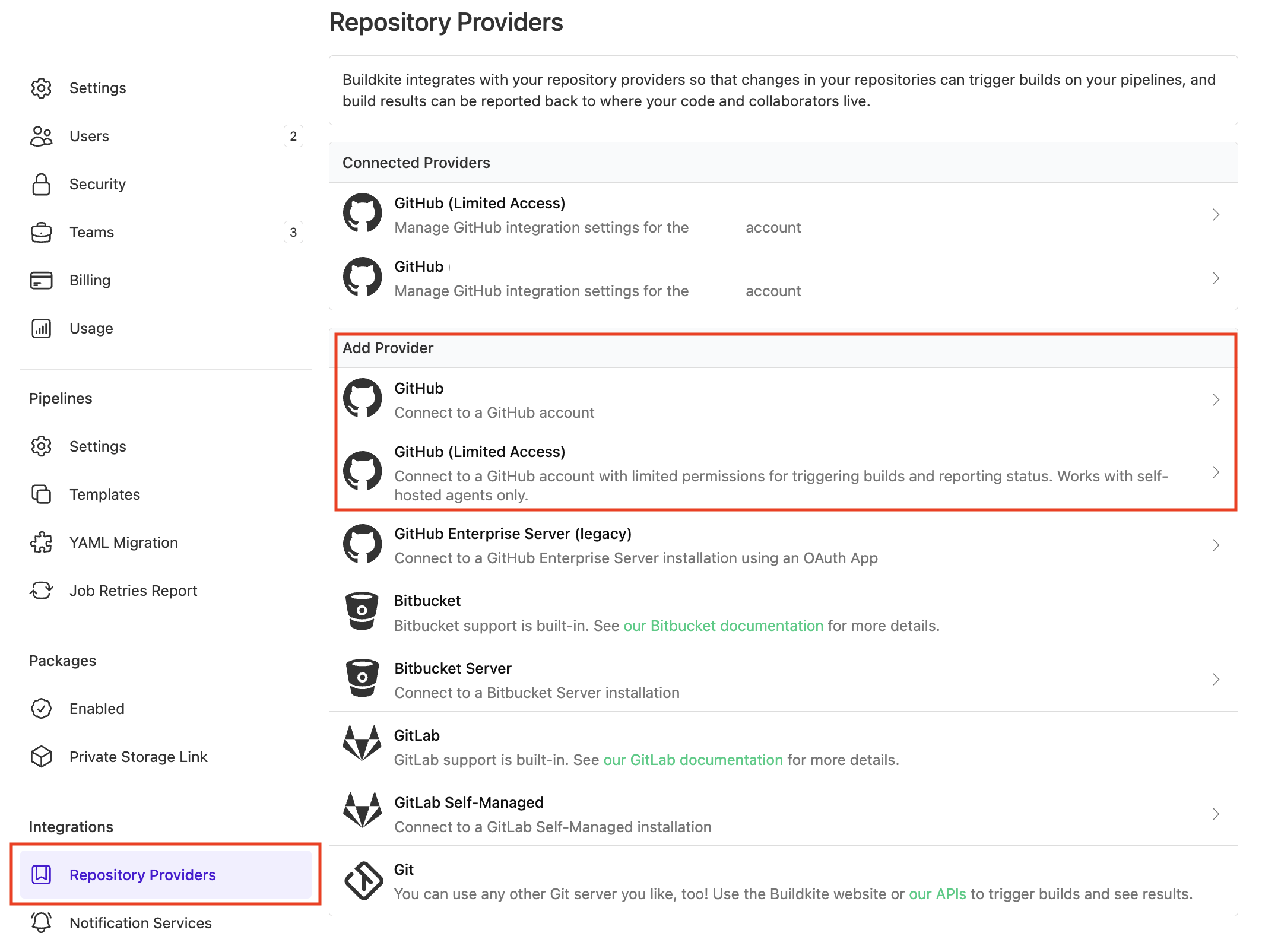 Screenshot of the Buildkite Repository Providers