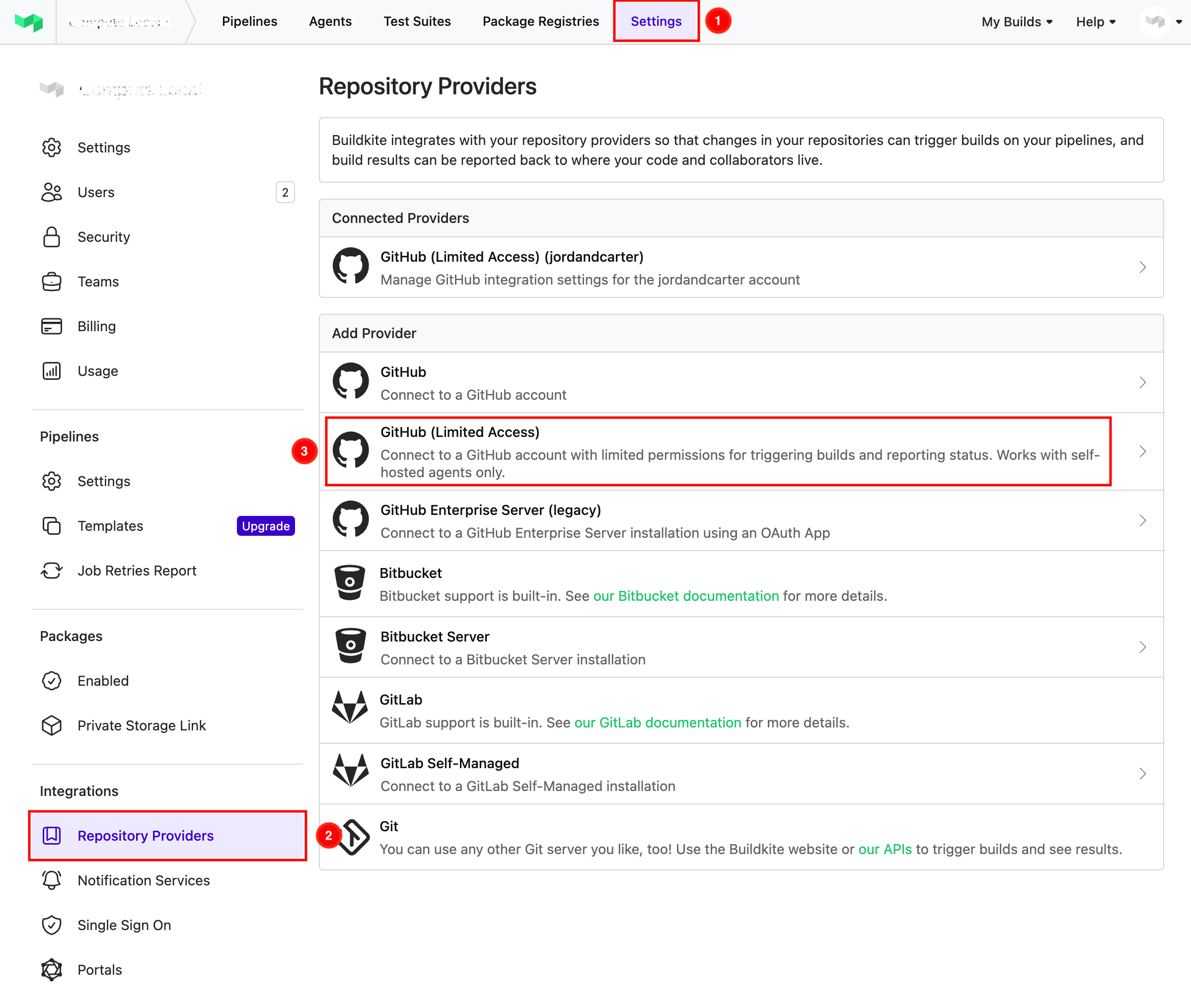 Screenshot of the Buildkite Repository Providers