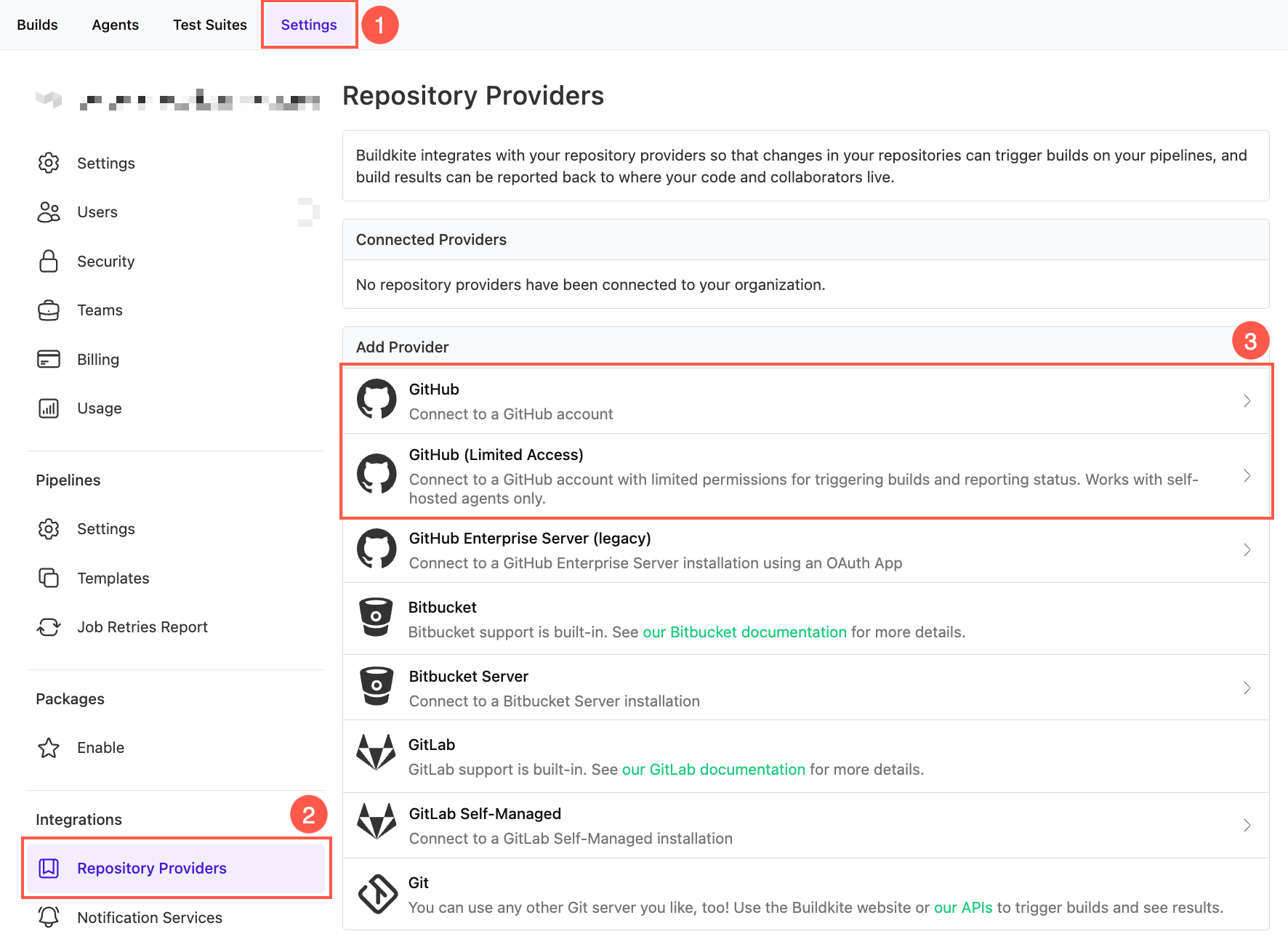 Screenshot of the Buildkite Repository Providers