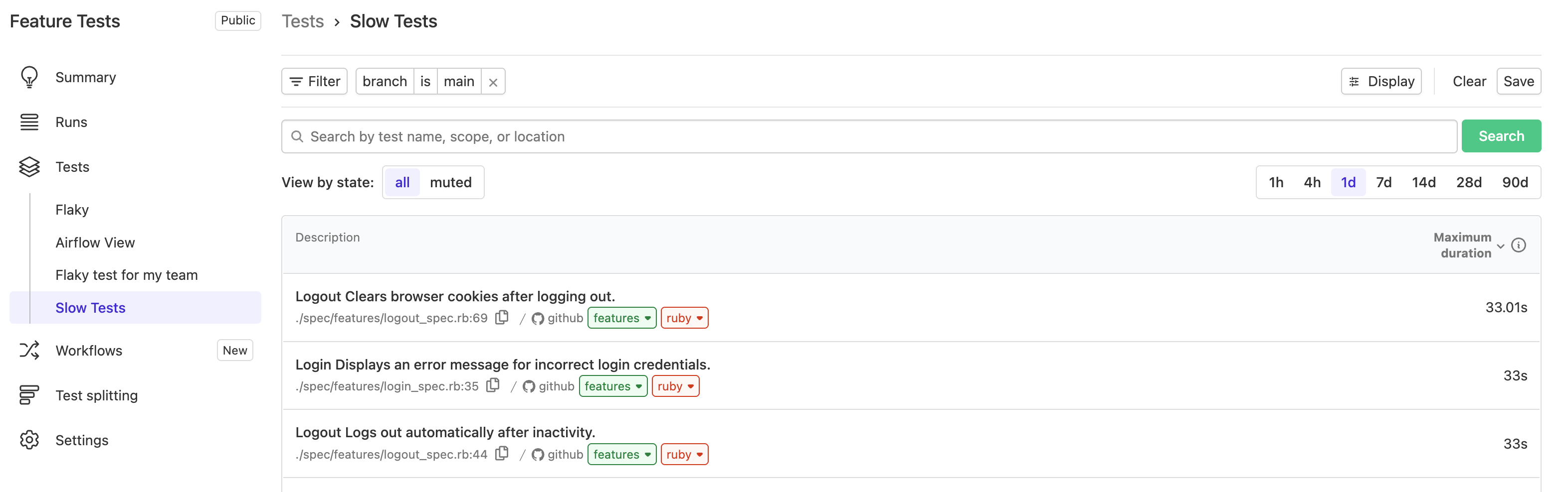 Screenshot of test index saved view