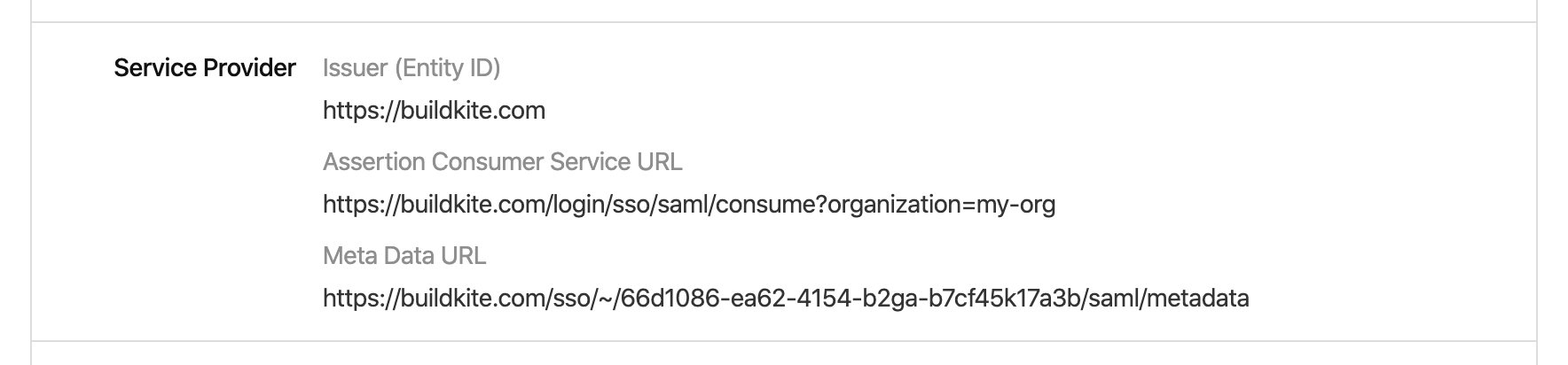 Screenshot of the Service Provider section in the Custom SAML SSO Provider details page