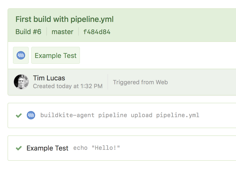 Screenshot of the build passing with pipeline upload step first, and then the example step
