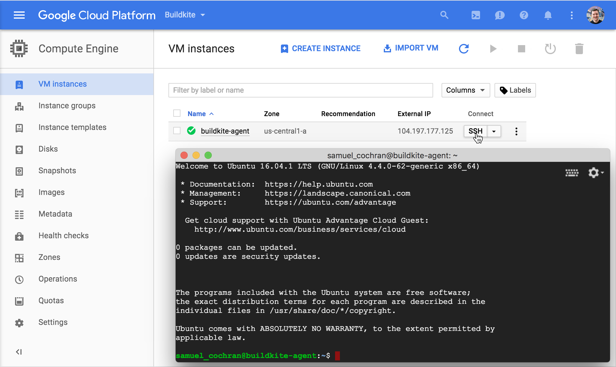 Screenshot of connecting to a Google Compute Engine instance using the Google Cloud Console