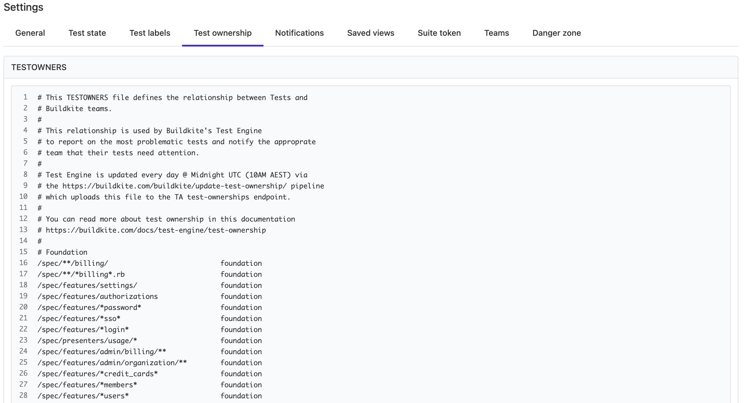 Suite settings page showing test ownership