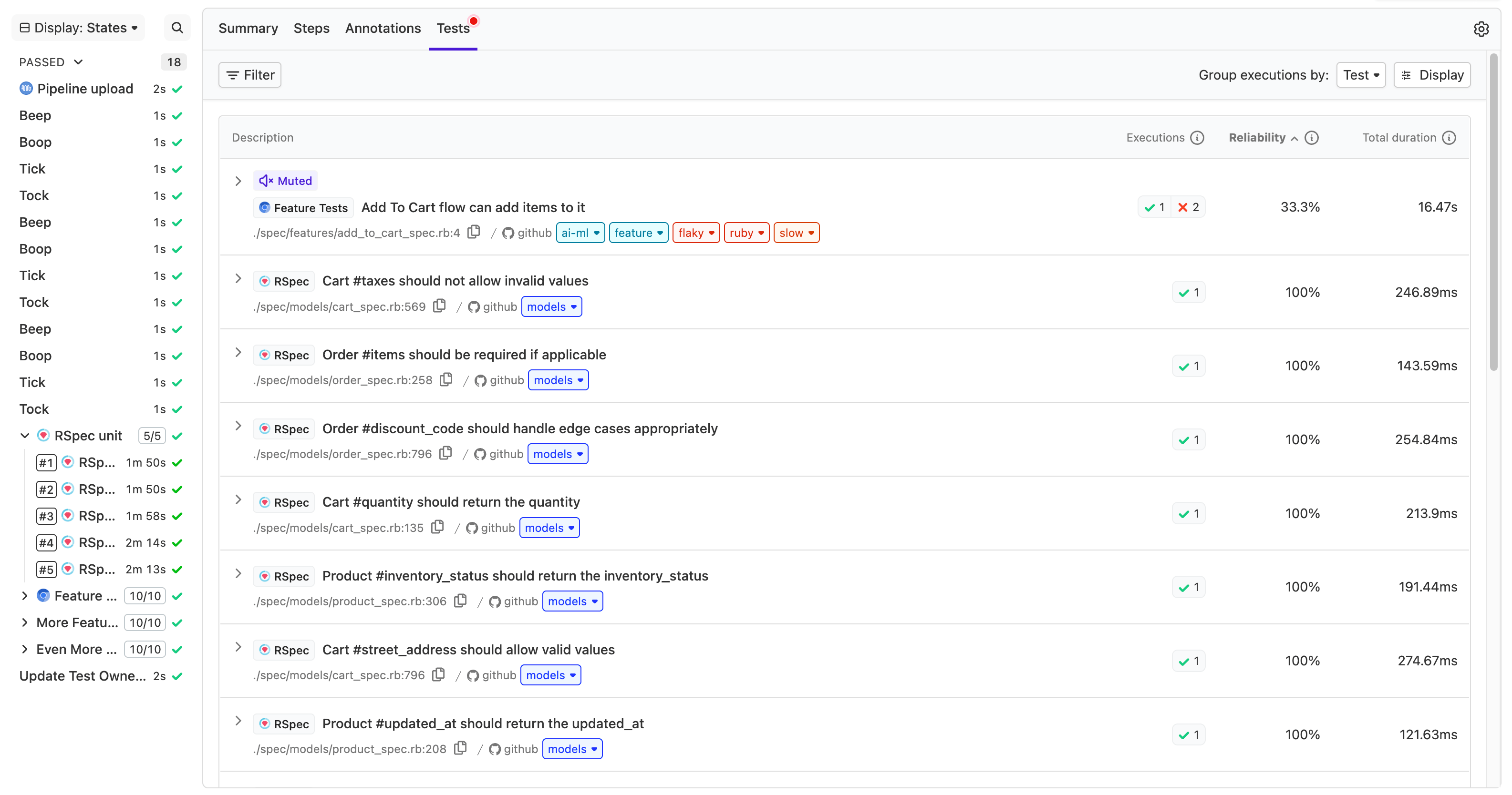 Screenshot of the tests tab on the build page
