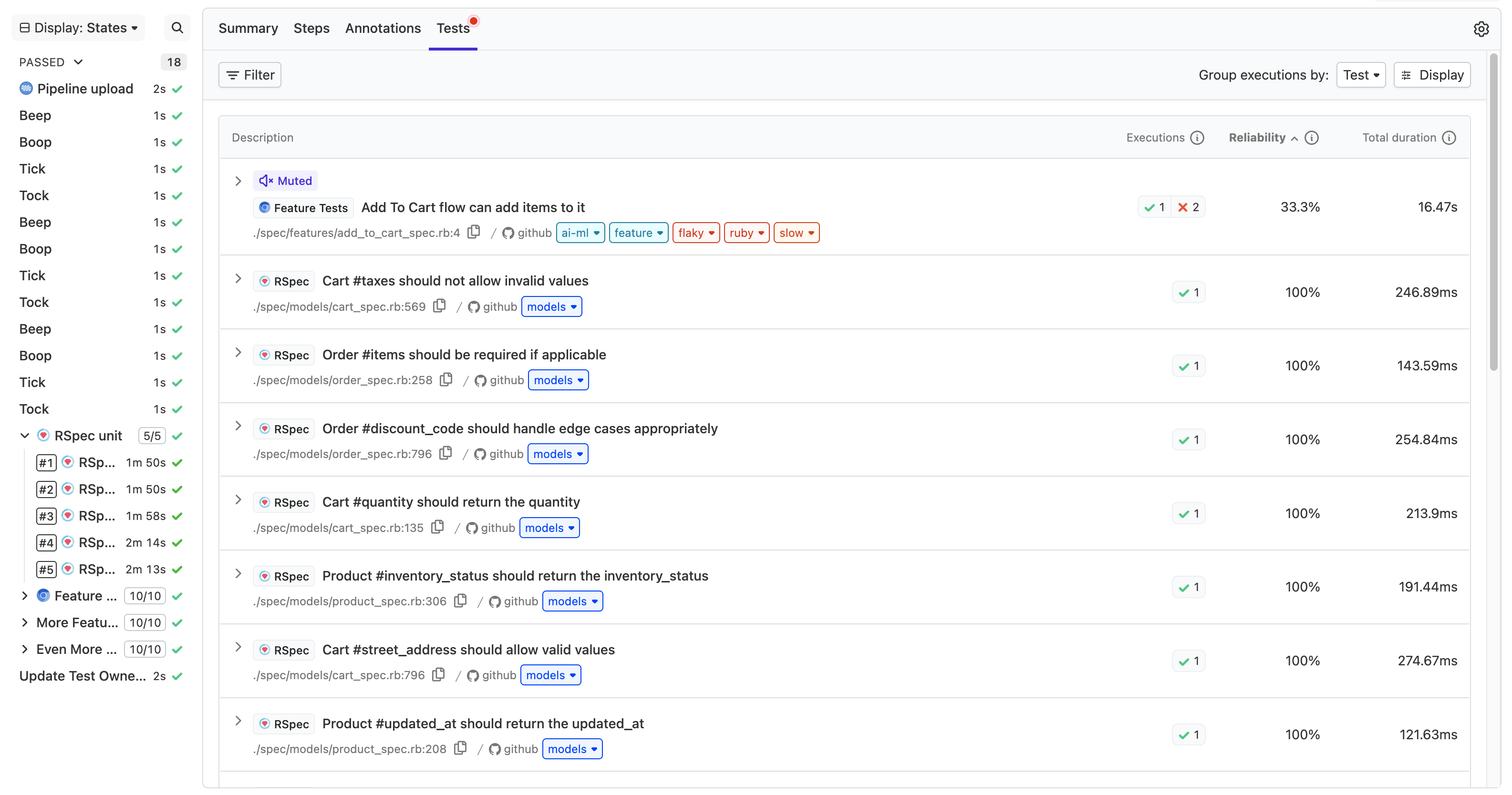 Screenshot of the tests tab on the build page