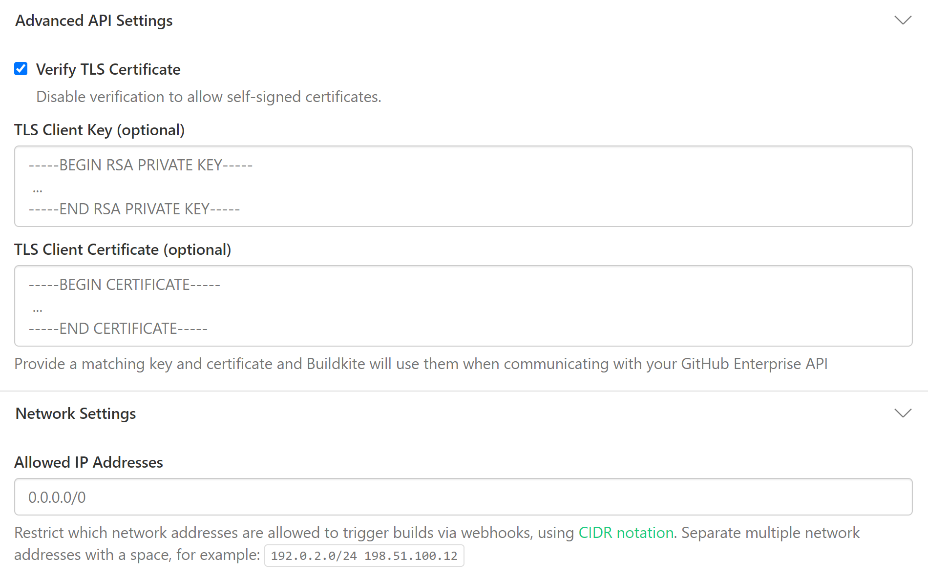 Screenshot of the TLS client settings section of the GitHub Enterprise settings in Buildkite