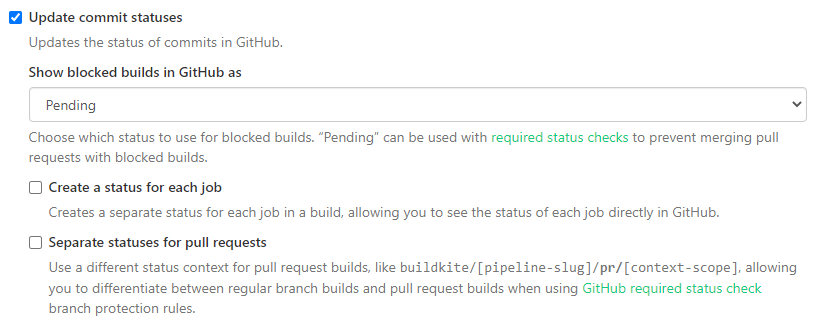 Screenshot of GitHub build settings with Update commit statuses enabled