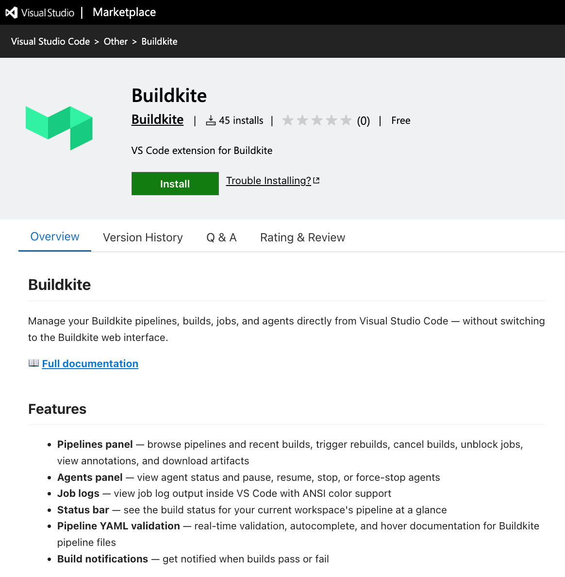 The Buildkite extension listing in the Visual Studio Code Marketplace, with the Install button and Overview tab