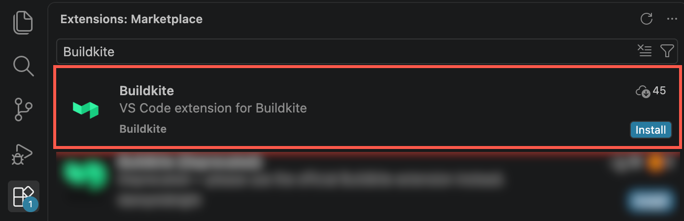 The Extensions view in Visual Studio Code, showing a search for Buildkite and the Install button on the official Buildkite extension