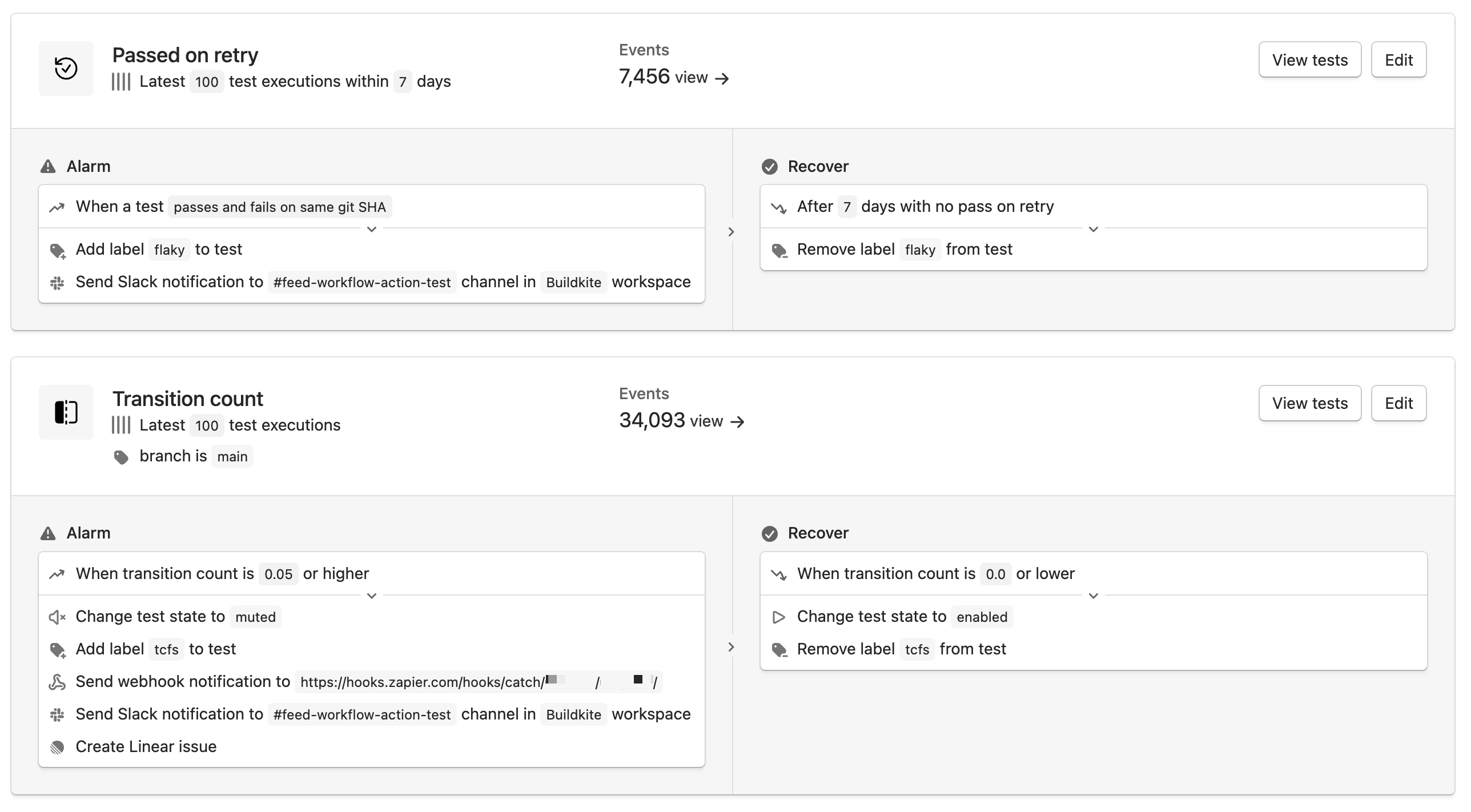 The workflows index page in Test Engine