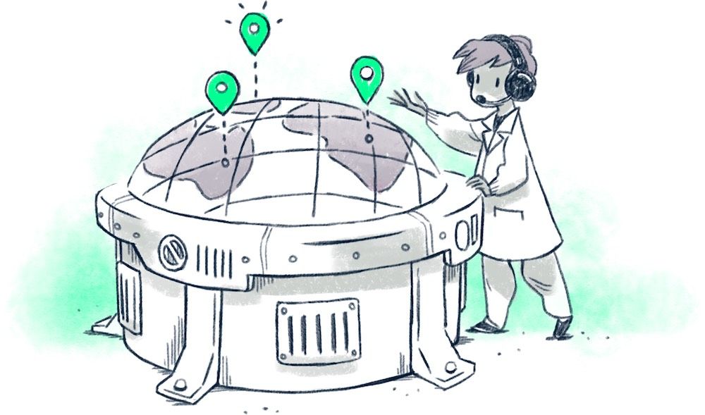 Person looking at points around a globe