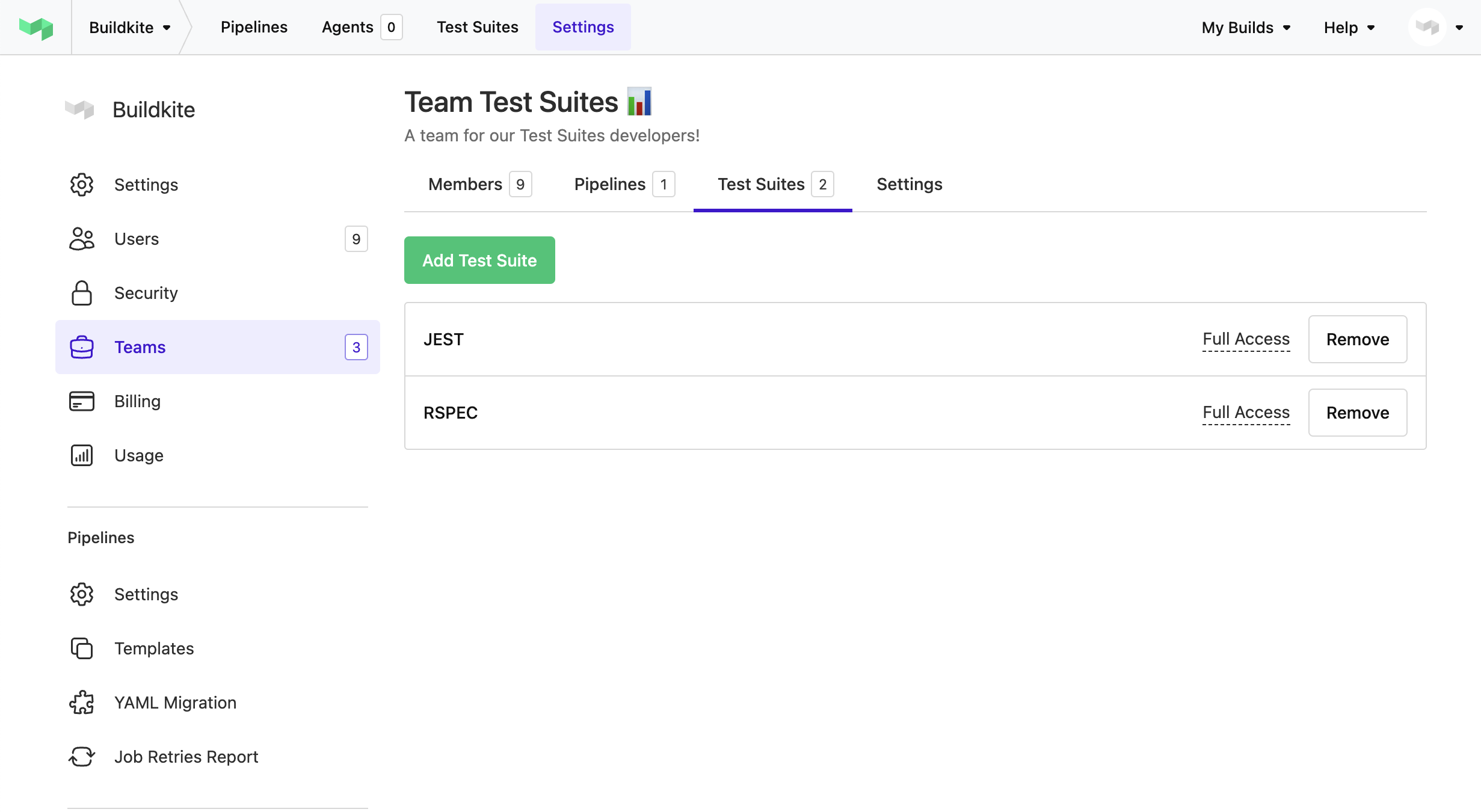Team page for assigning test suites